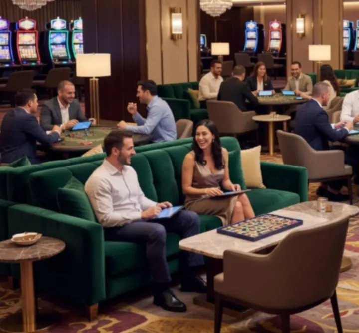 Modern, világos élményközpont kártyaasztalokkal és lounge zónákkal