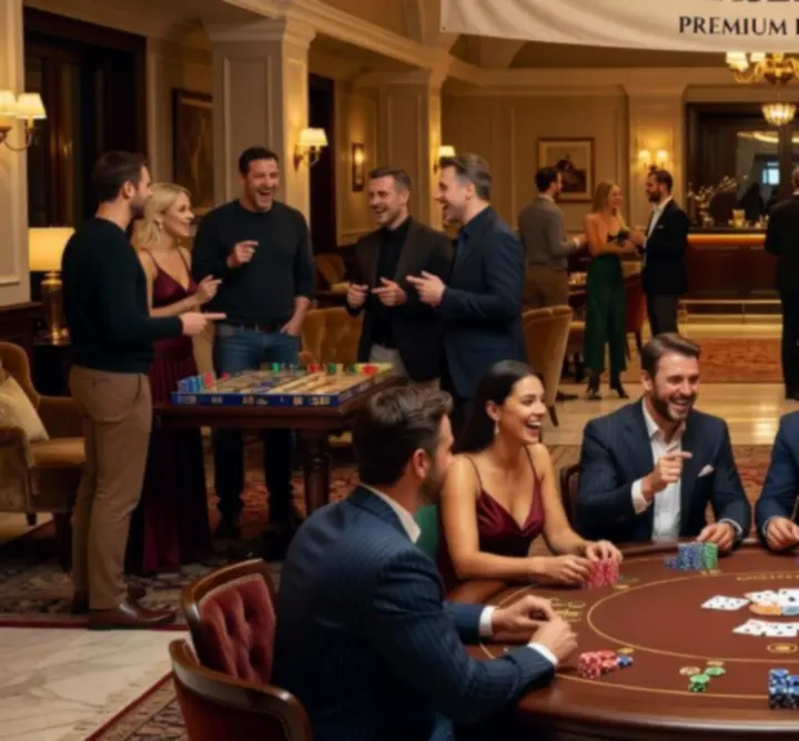 Közösségi galéria pillanatai: vendégek társaságban, meleg fényű játékasztalok és lounge terek a Veeltrix Play-ben