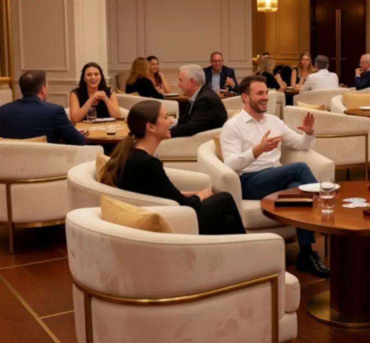 Vendégek kötetlen beszélgetés közben a Veeltrix Play meleg fényekkel megvilágított társalgójában