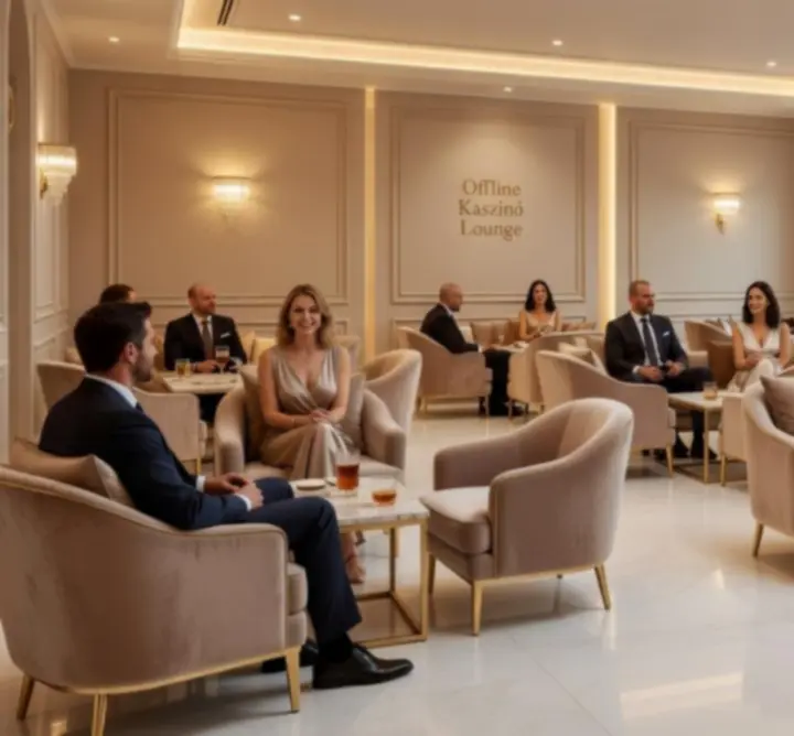 Elegáns, meleg hangulatú offline szórakoztató lounge a Veeltrix Playben, smart casual öltözetű vendégekkel.